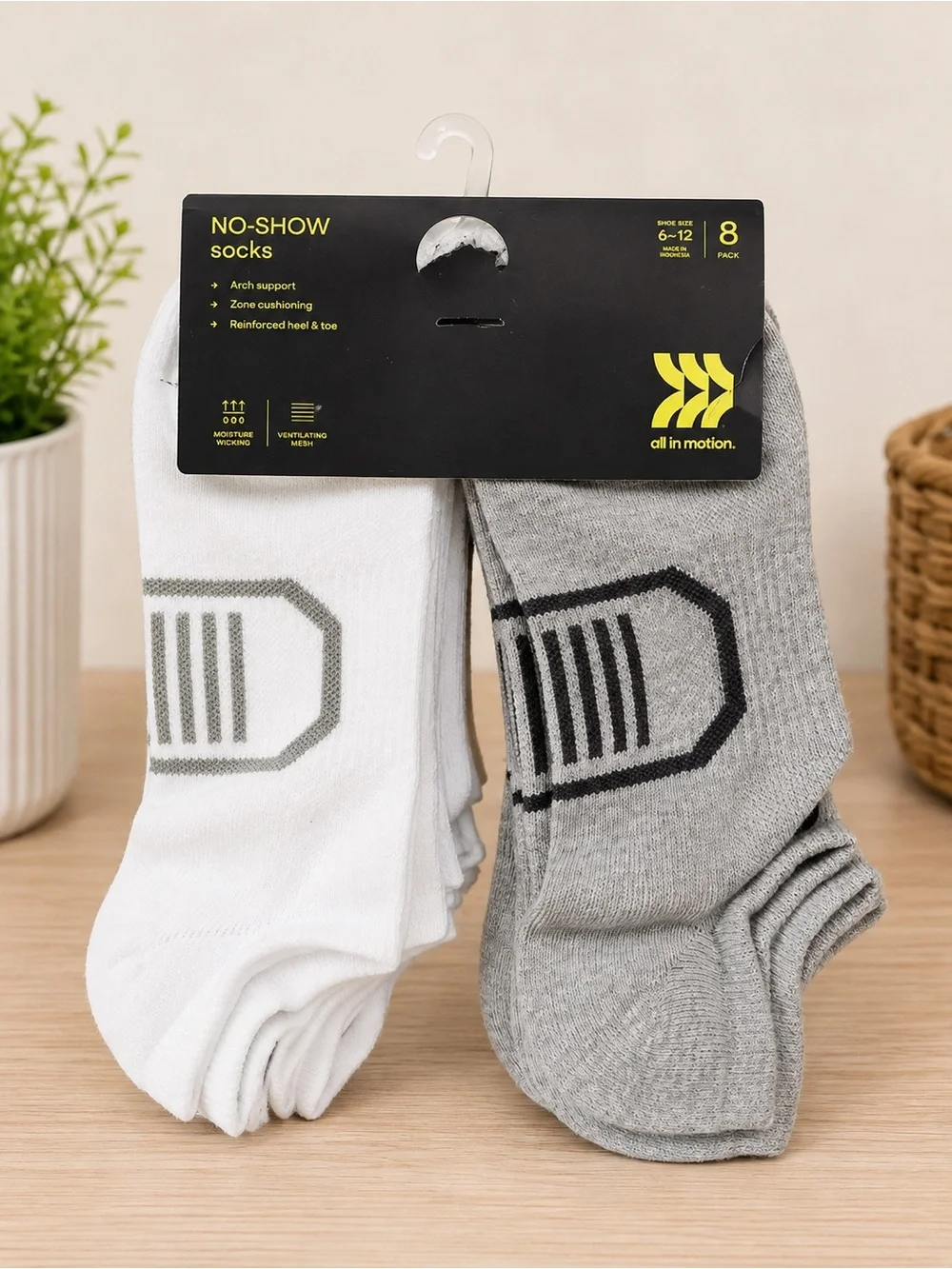 All in Motion No-Show Socks 8 Pack White Gray Shoe Size 6-12 NEW
